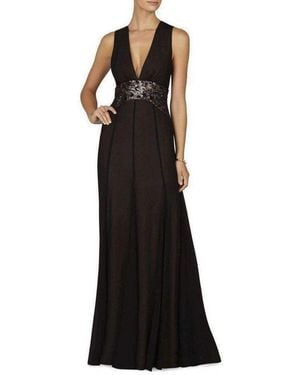 BCBGMAXAZRIA Stacy Plunging V Neck Embellished Waist Gown - Black