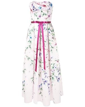 Marchesa Strapless Printed Mikado Corseted Gown - White