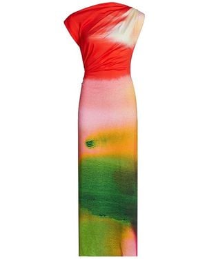 Oscar de la Renta Draped Watercolor-print Jersey Midi Dress - Red