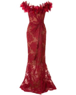 Marchesa Floral Lace Off-the-shoulder Gown - Red