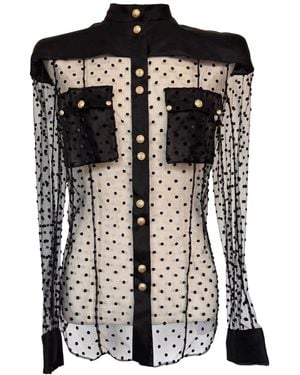 Balmain Long Sleeve Black Polka Dot Silk Shirt With Gold Buttons