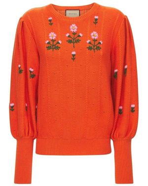 Gucci Floral Embroidered Wool Blend Jumper - Orange