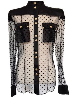 Balmain Long Sleeve Black Polka Dot Silk Shirt With Gold Buttons