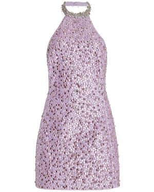 DES_PHEMMES Embroidered Stretch Satin Halter Mini Dress - Purple