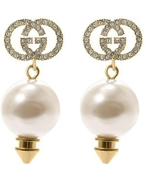 Gucci Interlocking G Pearl Crystal Drop Earrings - Metallic
