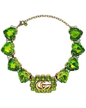 Gucci Double G Heart-crystal Necklace - Green