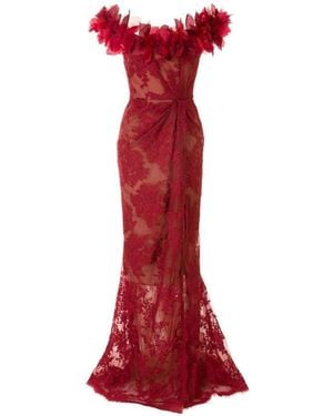 Marchesa Floral Lace Off-the-shoulder Gown - Red