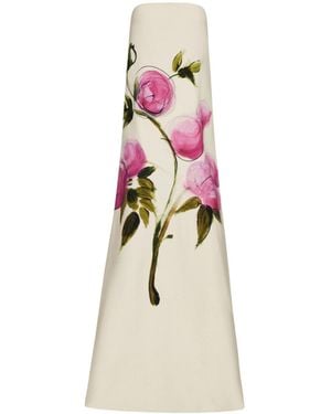 Oscar de la Renta Painted Roses Strapless Wool Gown - Natural