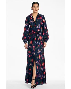 Sachin & Babi Priscilla Midnight Floral Silk A-Line Gown - Blue