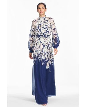Sachin & Babi Valeria Floral Silk Chiffon A-Line Gown - Blue