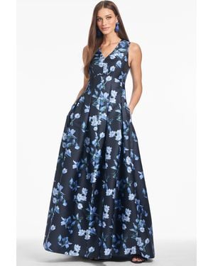 Sachin & Babi Brooke Midnight Floral Mikado V Neck Ball Gown - Blue