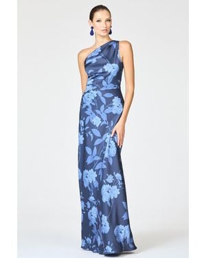 Sachin & Babi Delphine Slate Floral One Shoulder A-Line Gown - Blue