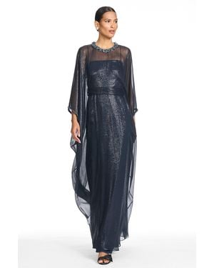 Sachin & Babi Celeste Silk 3/4 Sleeve A-Line Gown - Blue