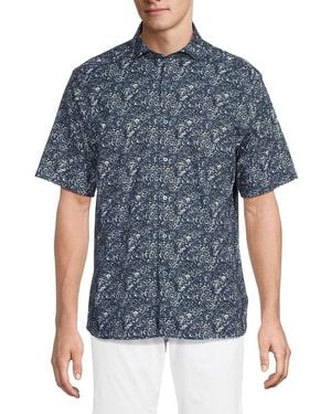 Luchiano Visconti Paisley Stretch Cotton Modern Fit Shirt - Blue