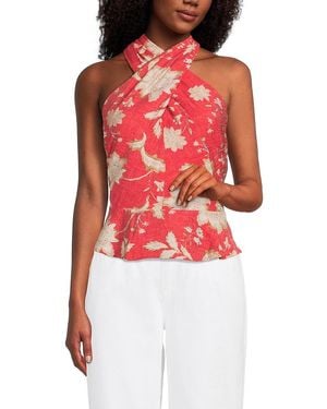 Tommy Hilfiger Floral Print Twist Halter Peplum Top - Red