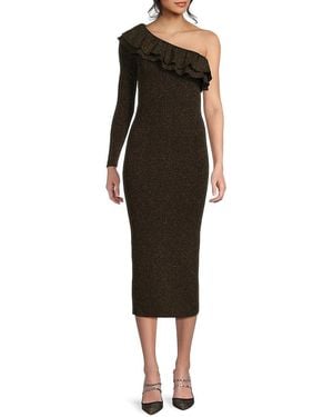 MILLY Kelly One-Shoulder Metallic Knit Midi-Dress - Black