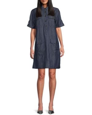 Tommy Hilfiger Utility Pocket Chambray Button-Front Minidress - Blue