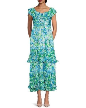 AMUR Pia Floral Tiered Midi Dress - Green
