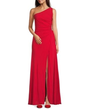 McQueen One-Shoulder Ruched Slit Gown - Red