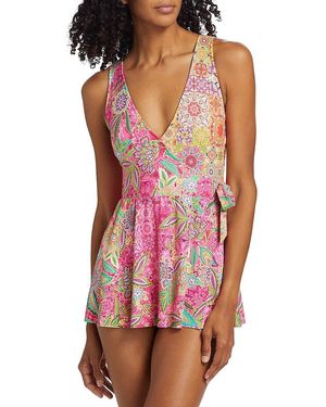 Johnny Was Flamingo Floral Wrap Skirted One-Piece Swimsuit - Pink