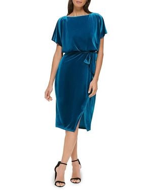 Kensie Tie-Waist Velvet Blouson Midi-Dress - Blue