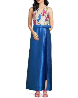Kay Unger Sleeveless Floral Walk-through Maxi Dress - Blue