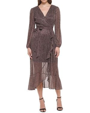 Kensie Metallic Crinkle Belted Midi Dress - Brown