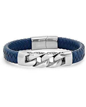 Anthony Jacobs Braided Leather & Stainless Steel Bracelet - Blue
