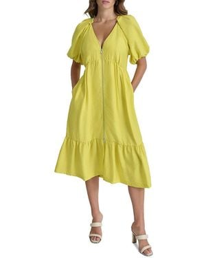 DKNY Puff-Sleeve Zip-Front Woven Dress - Yellow