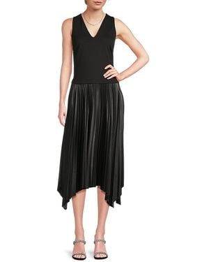 DKNY Pleated Mixed Media Midi-Dress - Black