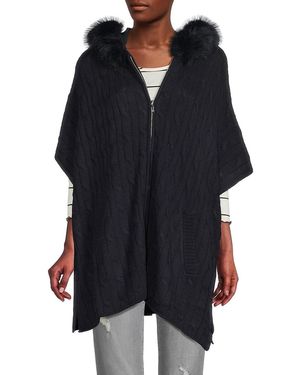 Saks Fifth Avenue Wool Blend Faux Fur Trim Hooded Poncho - Black