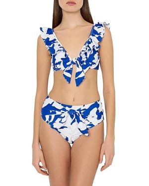 MILLY Lily Silhouette Ruffle Abstract Bikini Top - Blue