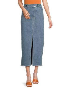 KOURT Pat Front Slit Denim Midi Skirt - Blue