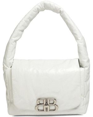 Balenciaga Monaco Logo Leather Top Handle Bag - White