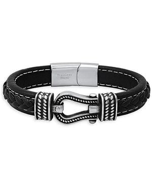 Anthony Jacobs Black Ip Stainless Steel Leather Horseshoe Bracelet