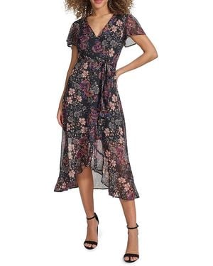 Kensie Floral Chiffon Wrap Dress - Black