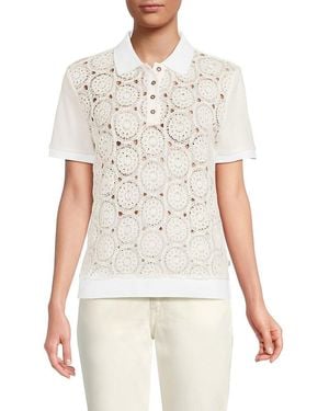 Tommy Hilfiger Circle Lace Overlay Ribbed Cotton Polo Shirt - White
