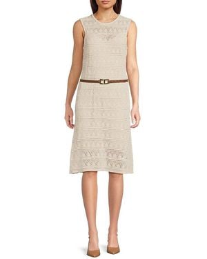 Halston Crochet Belted Knee-Length Dress - Natural