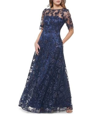 Eliza J Embroidered Mesh Gown - Blue