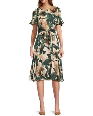 DKNY Floral Belted Midi-Dress - Green