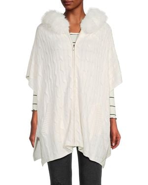 Saks Fifth Avenue Wool Blend Faux Fur Trim Hooded Poncho - White
