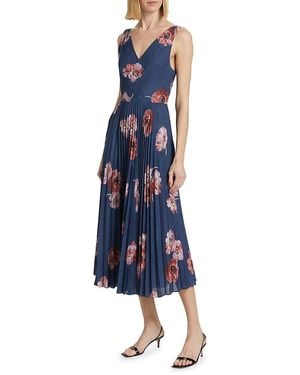 Vince Painted Poppy Pleated Draped V-Neck Dress - Blue