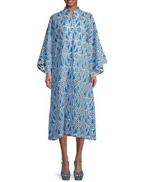 La Vie Style House Floral Appliqué Lace Midi Caftan - Blue