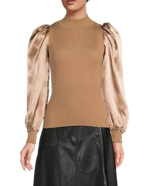Lea & Viola Mixed Media Puff Sleeve Top - Black