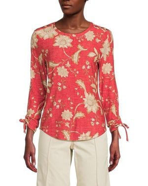 Tommy Hilfiger Floral Print Ruched Cuff Stretch Knit Top - Red