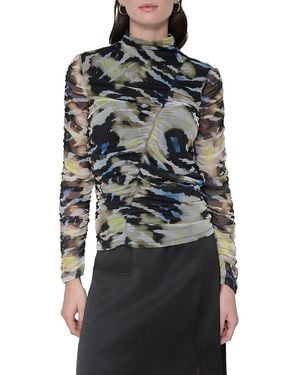 DKNY Printed Ruched Mesh Top - Grey