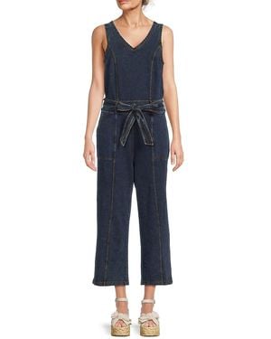 Andrew Marc Belted Cropped Denim Jumpsuit - Blue