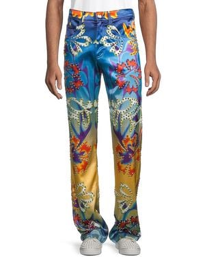 Bluemarble Studded Hibiscus Boot-Cut Pants - Blue