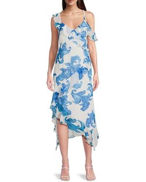Sam Edelman Schroll Print Ruffle Asymmetric Midi-Dress - Blue