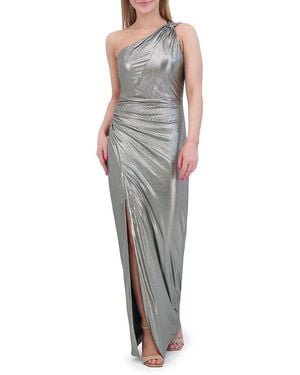 Vince Camuto One-Shoulder Foil-Knit Twisted Column Gown - Gray